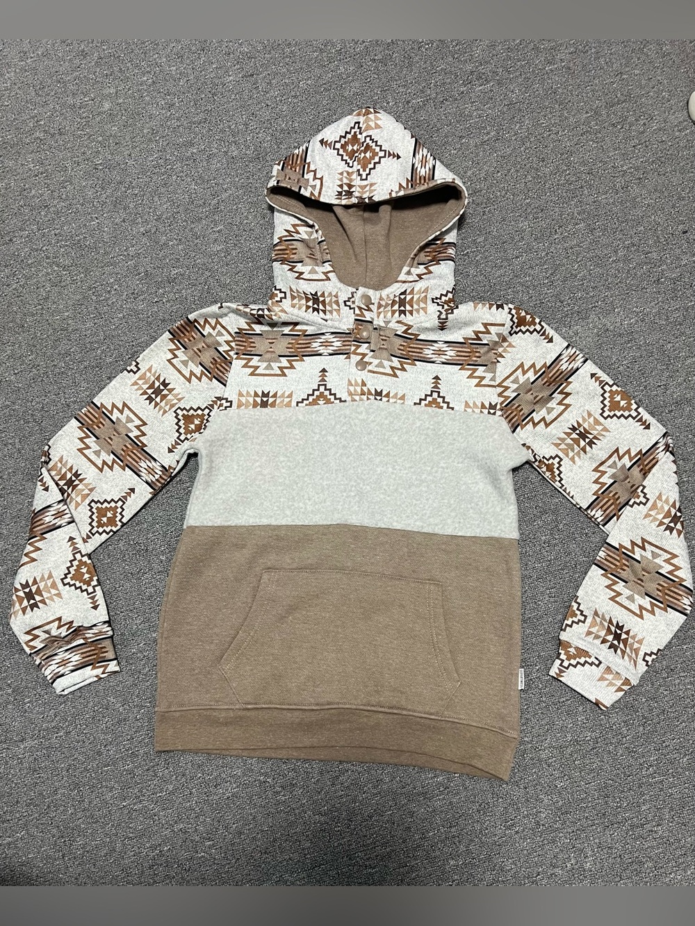 Kids Aztec Colorblock Hooded Pullover in Grey and Brown 10-12T